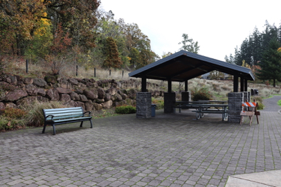 Mather Road picnic tables, bench and shelter off the parking lot – leads to the short accessible trail loop
